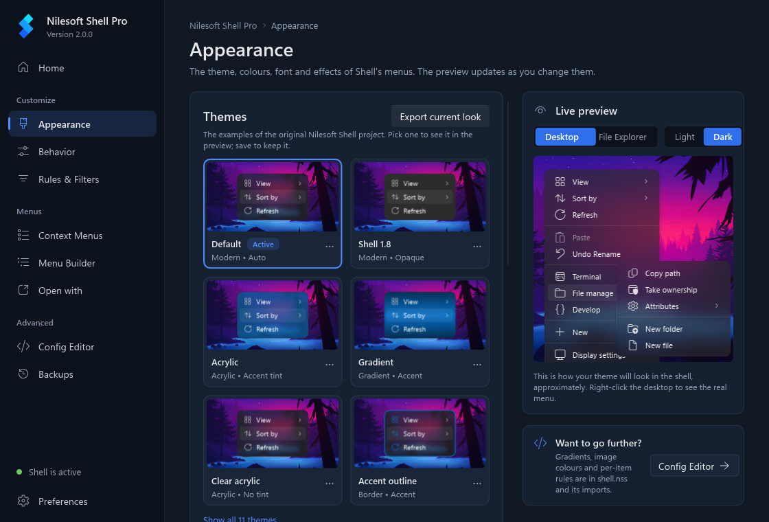 The Appearance page with the Themes gallery and the live preview