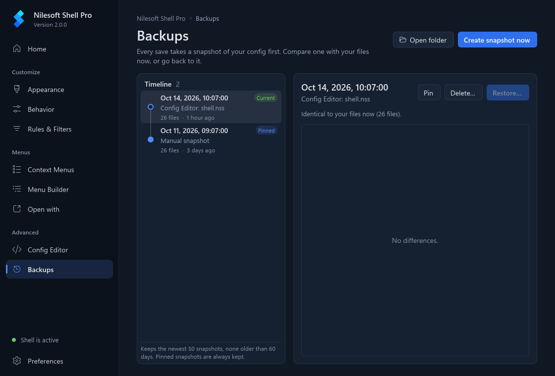 The Backups page comparing a snapshot with the current files