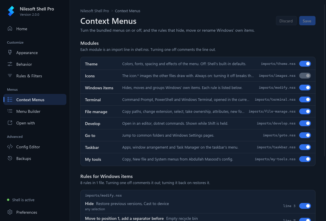 The Context Menus page