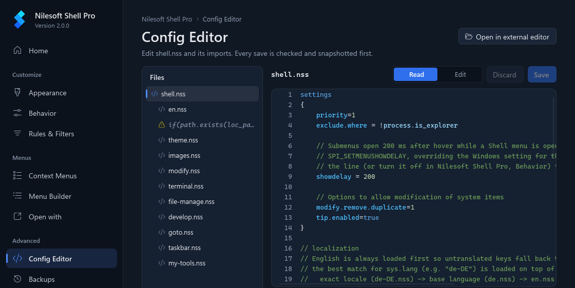 The Config Editor showing shell.nss in the read view