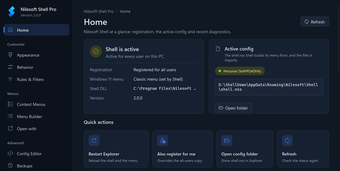 The Home page in the dark theme
