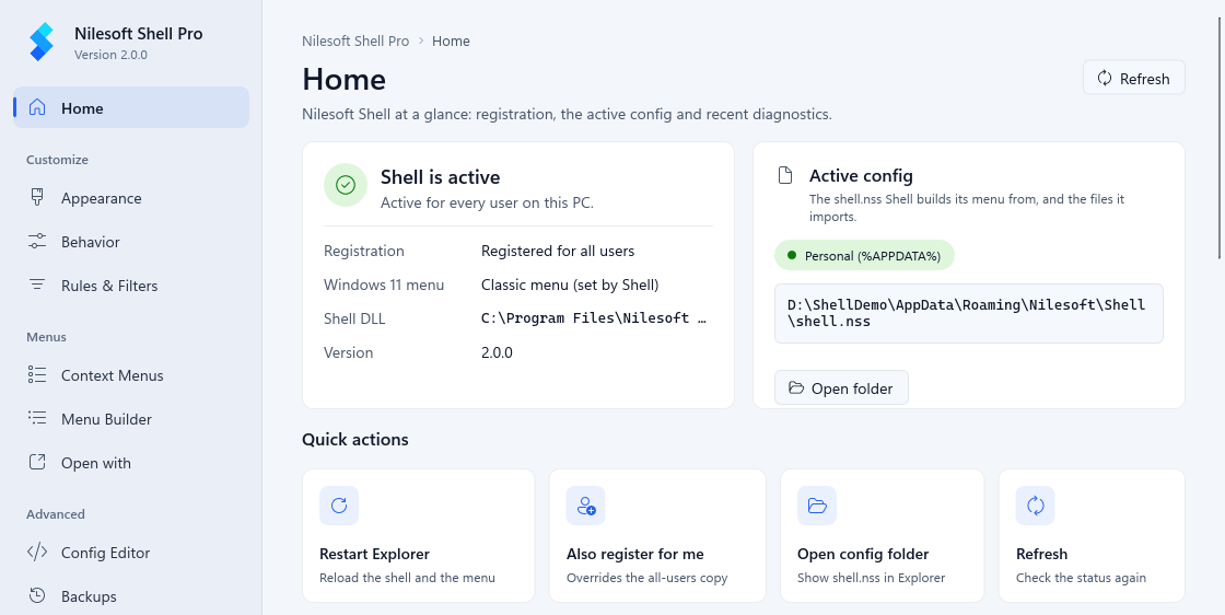 The Home page in the light theme