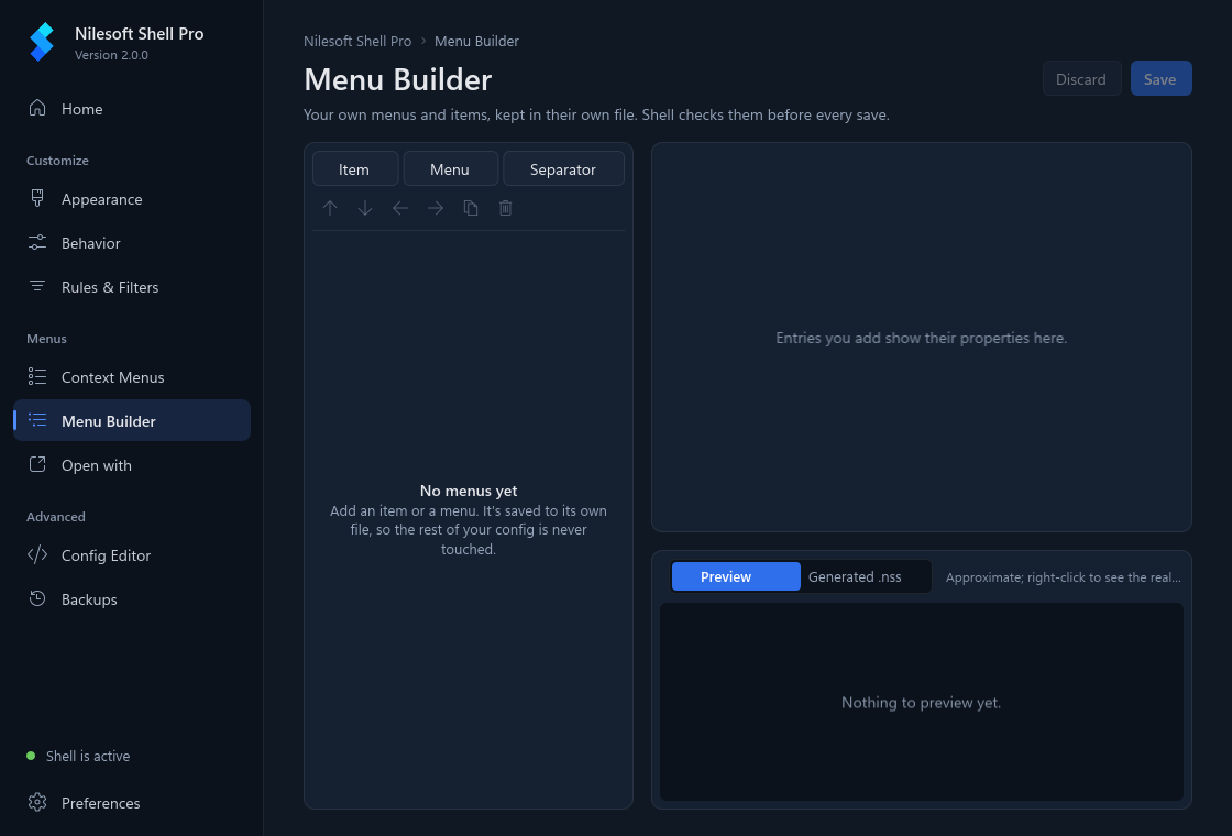 The Menu Builder page: the tree on the left, the form on the right, the preview below