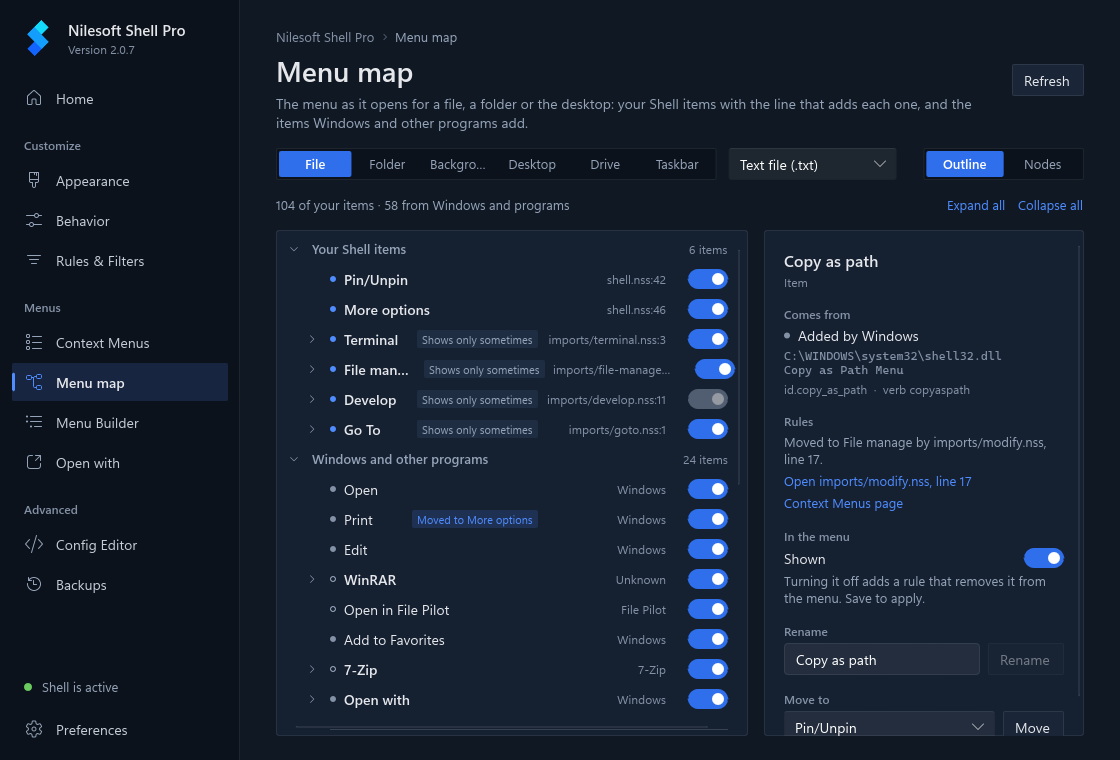 The Menu map page: the menu for a text file on the left, the selected item's details on the right
