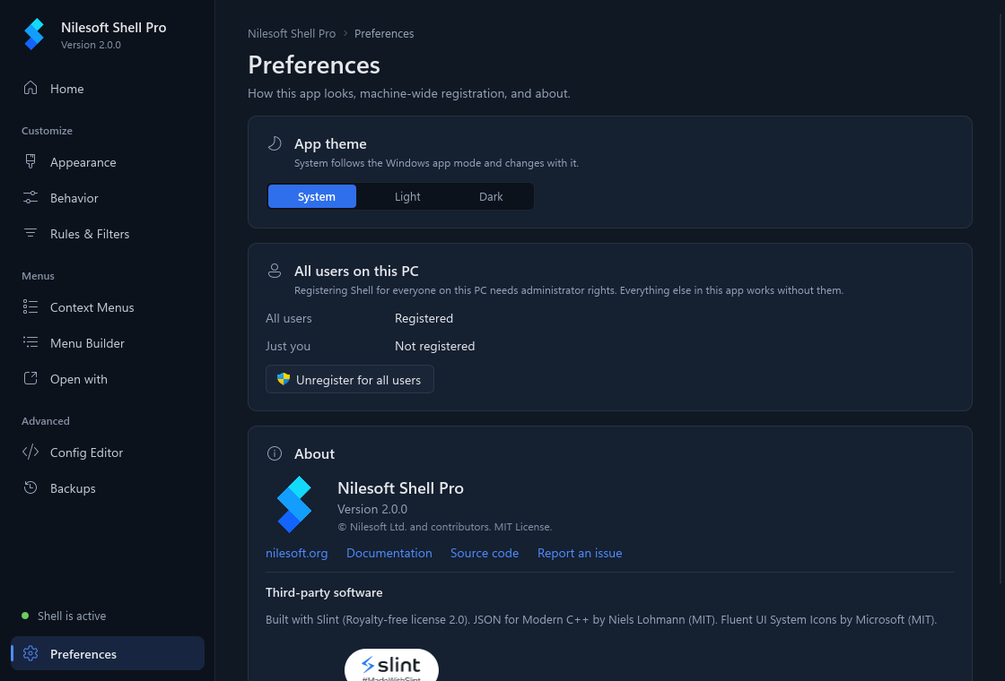 The Preferences page
