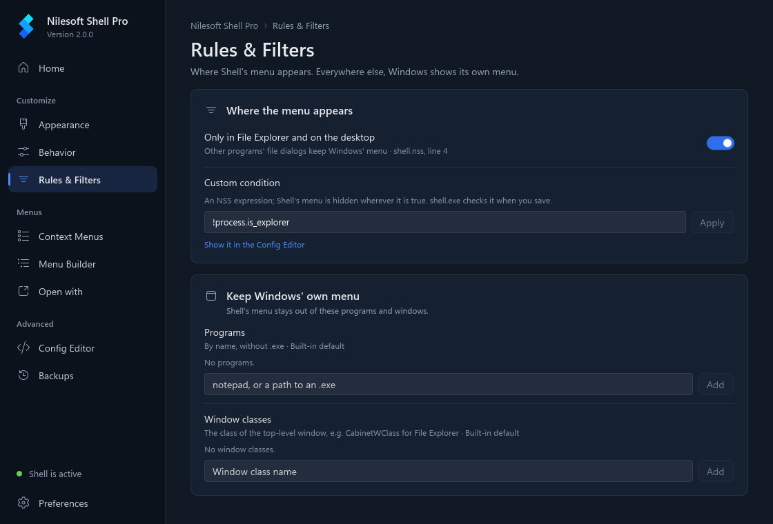 The Rules & Filters page