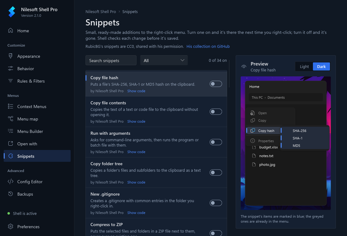 The Snippets page with a search box, categories and a list of snippets with switches