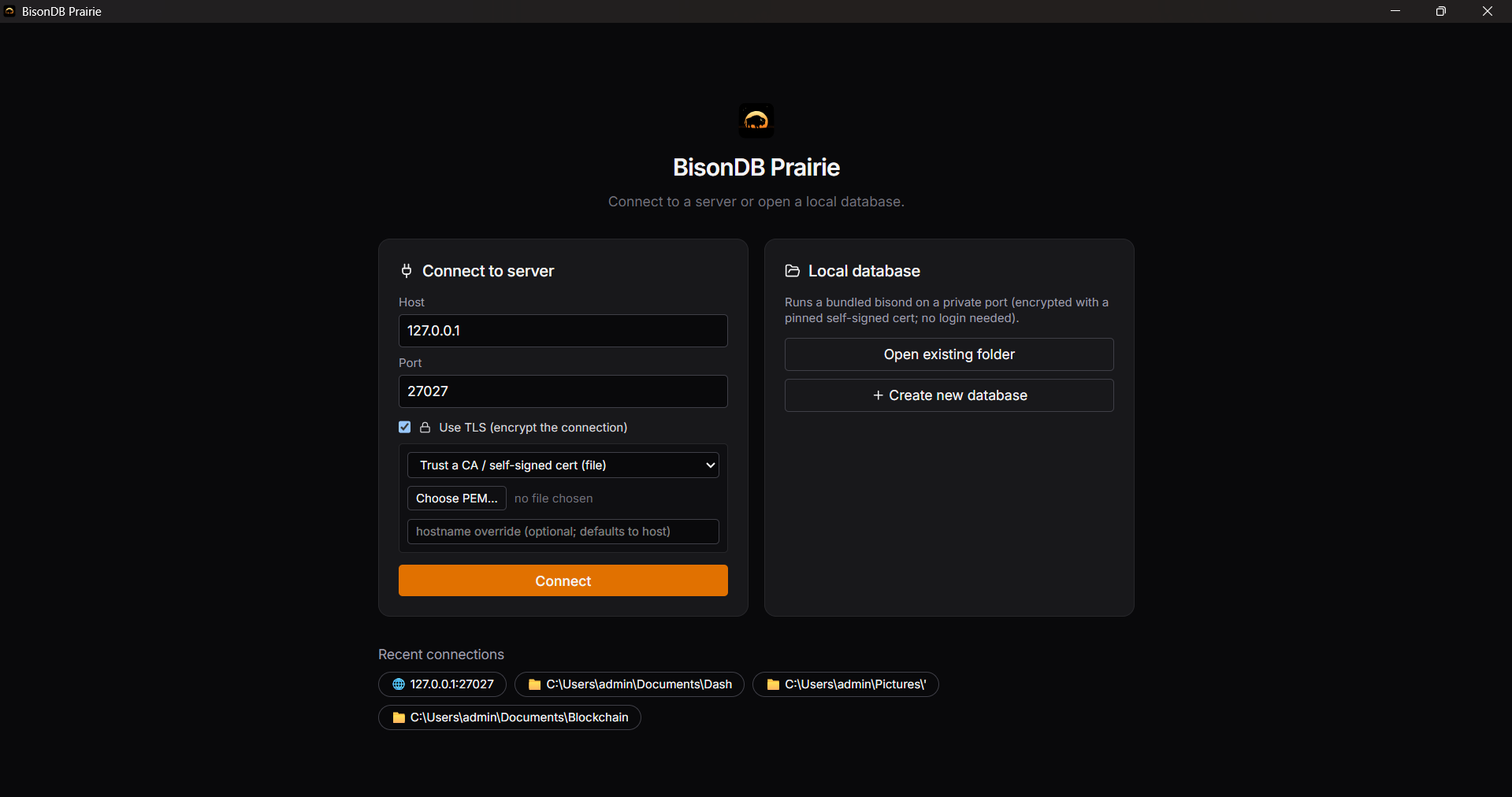 Prairie connection screen with TLS options expanded