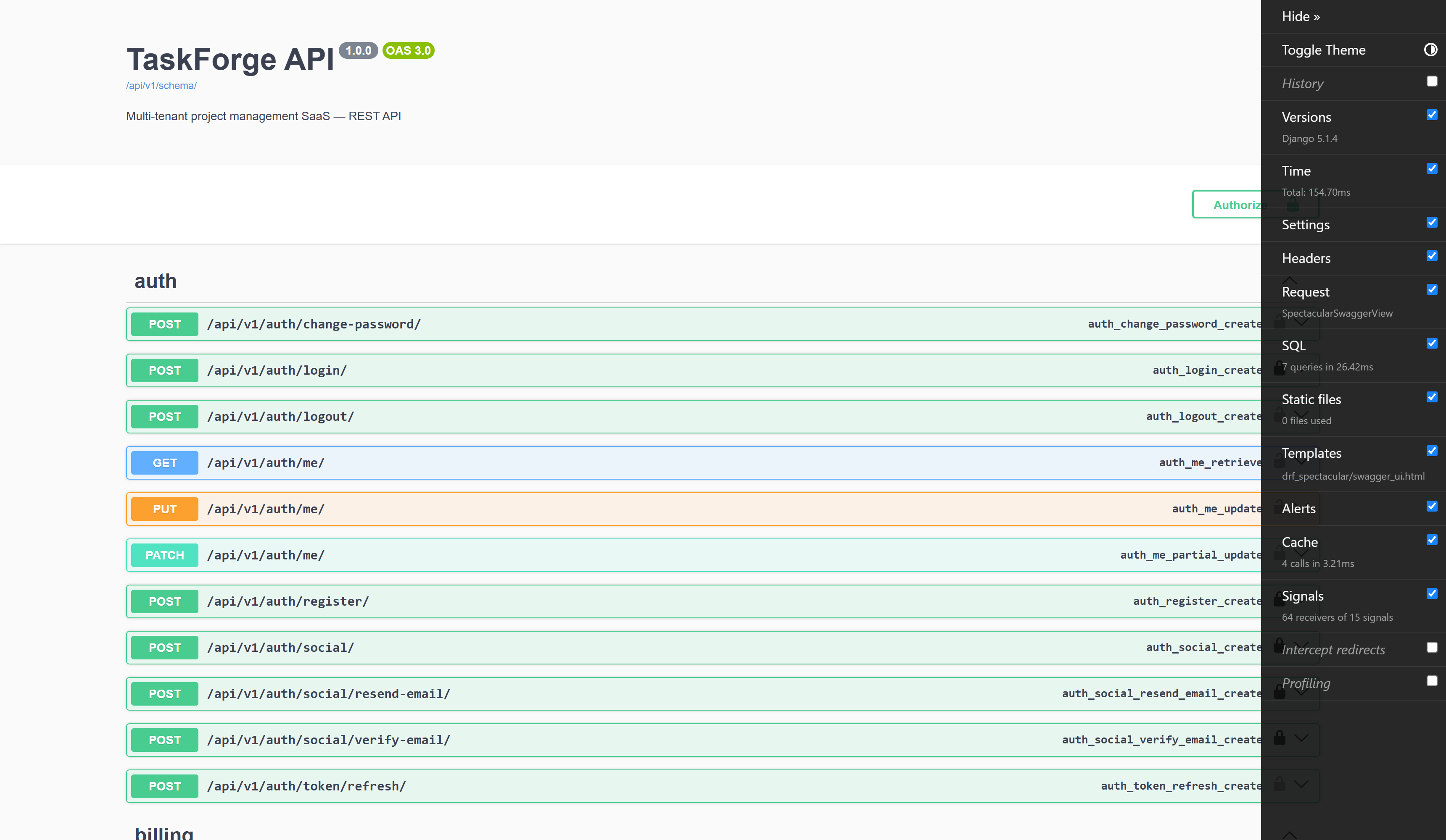 Swagger UI for the TaskForge API